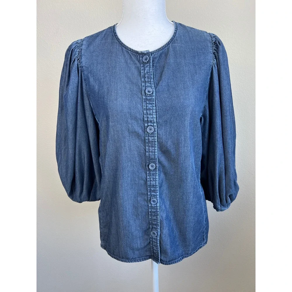 Madewell Puff Sleeve Lyocell Chambray Top Romantic Academia French Blue Sz 6